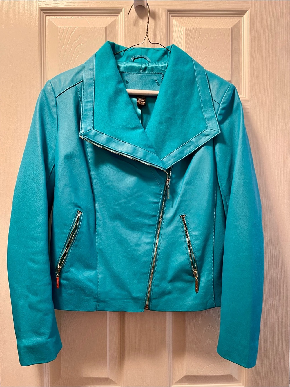 IMAN Global Chic Womens Turquoise Blue Genuine Leather Moto Jacket